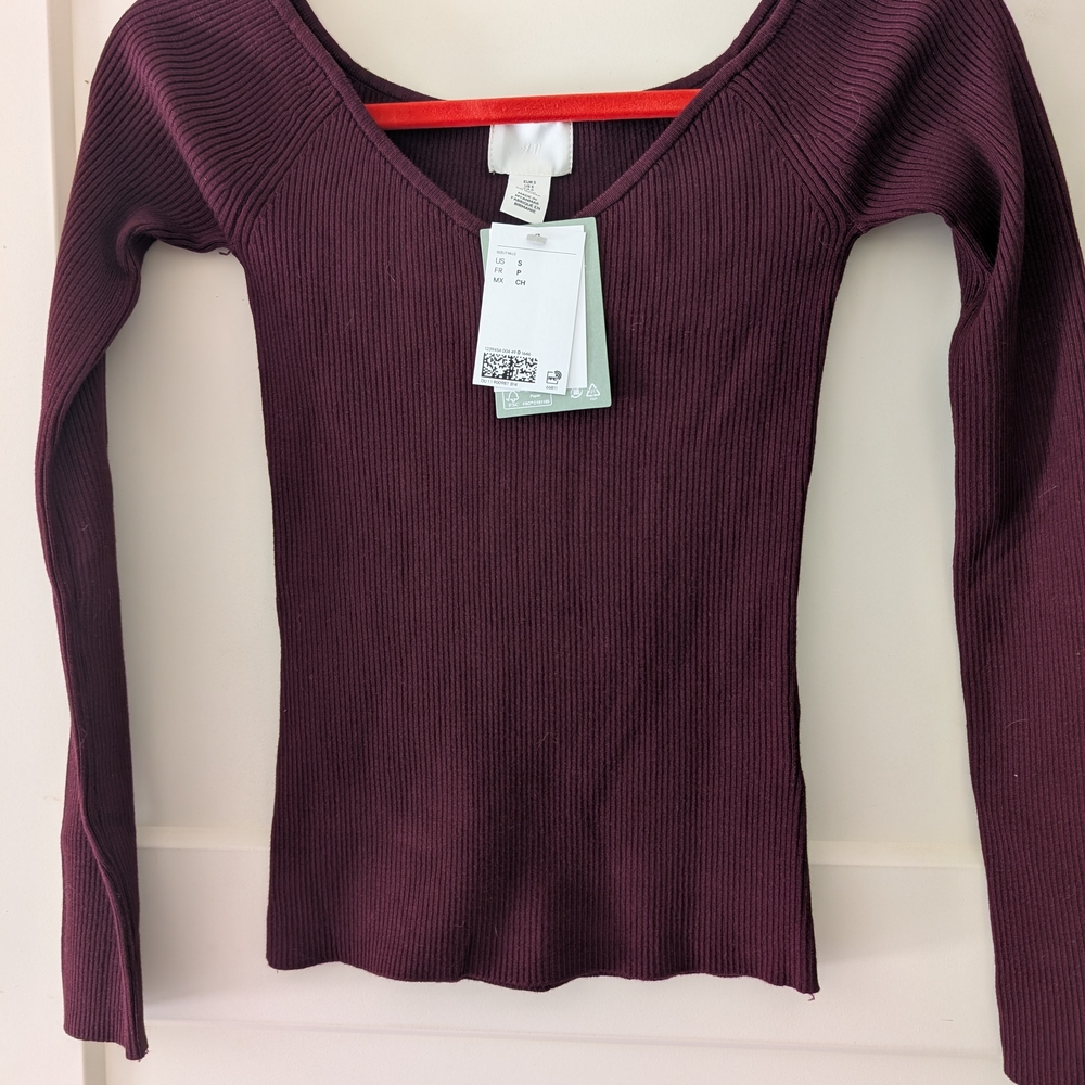 H&M Ribbed V-Neck Long Sleeve Top in Plum